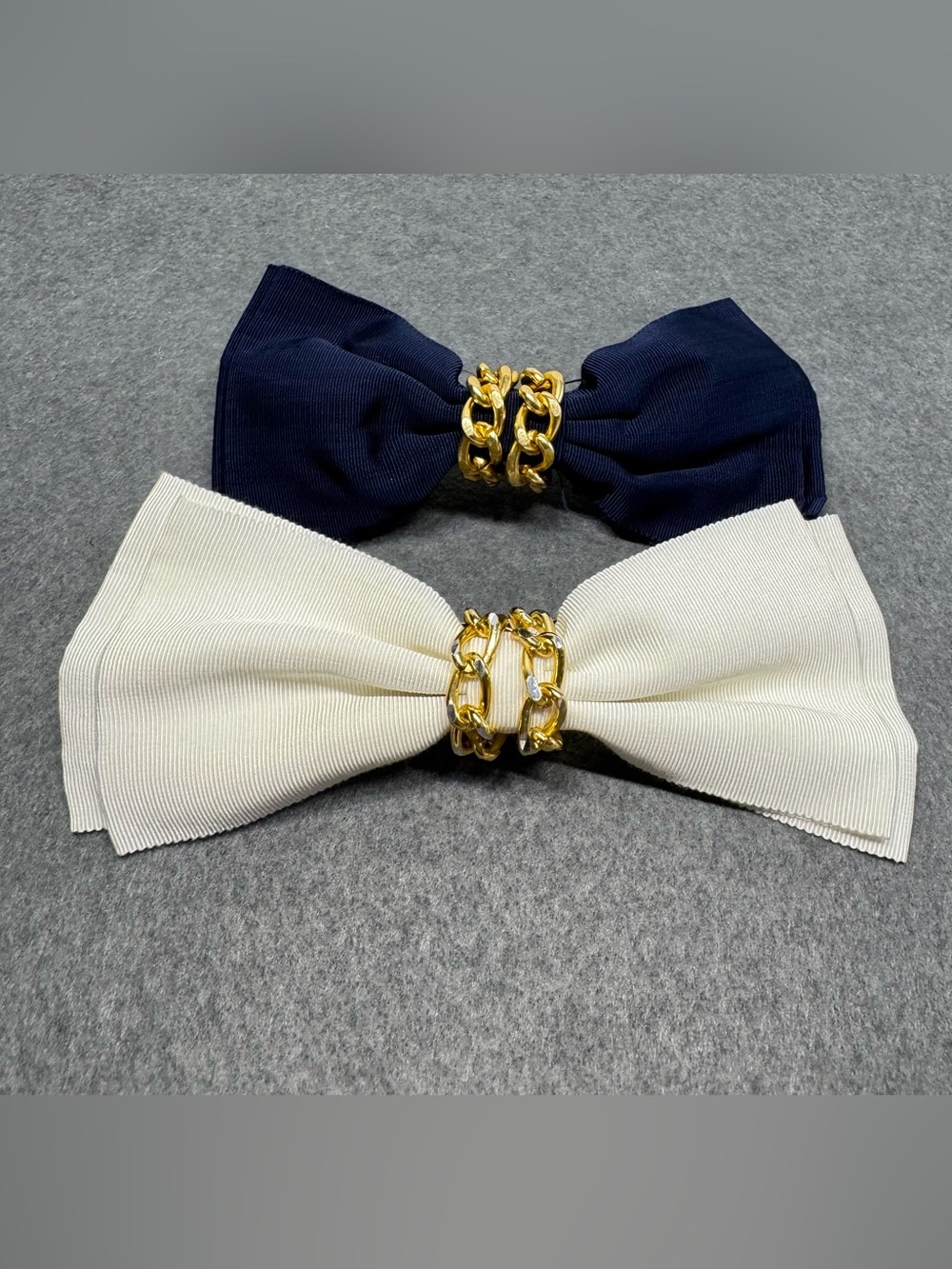 Bow Hair Clips Made In France Ivory Navy Blue Gold Tone Chain- Set Of 2